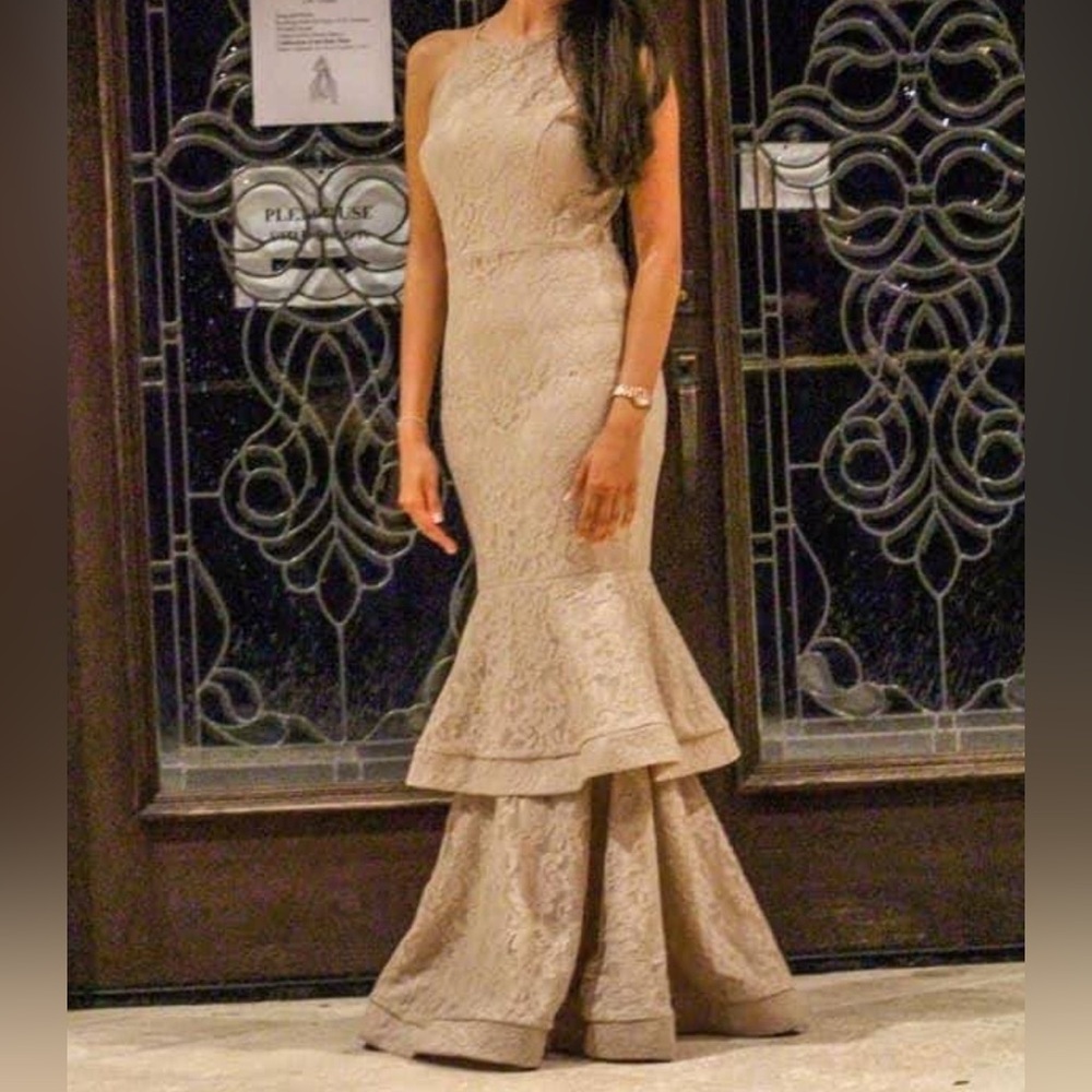 Elegant Tan Lace Evening Gown